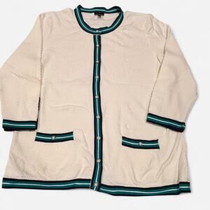 Talbots Women's Textured Stitch Tipped Cardigan - White with Navy/Teal Trim - L